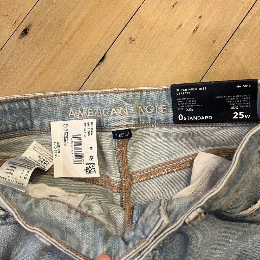 American Eagle Light Blue Ripped Wide Leg Dreamy Drapey Streach Baggy Jeans - Picture 2 of 7